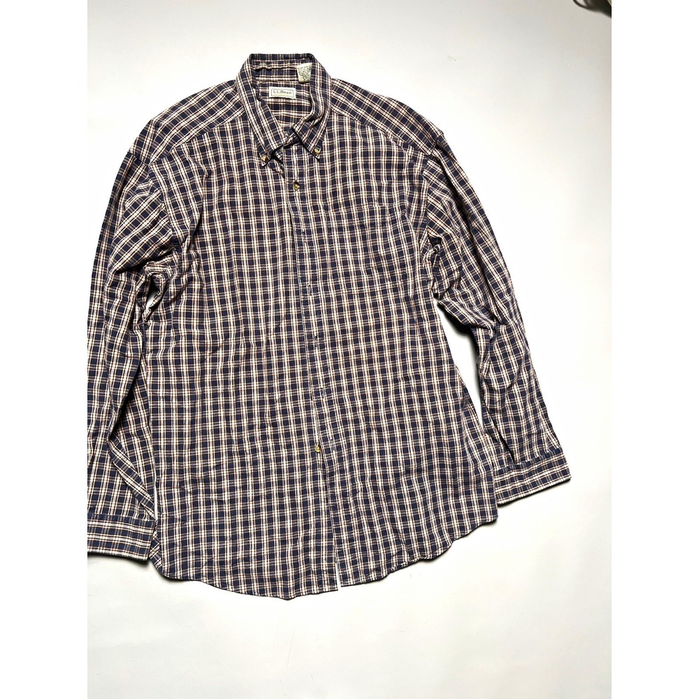 L.L.Bean Men's L Blue Brown Plaid Cotton Woven Long Sleeve Button-Up Shirt